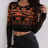 Women's Contrast Color Jacquard Fashion Round Neck Sweater